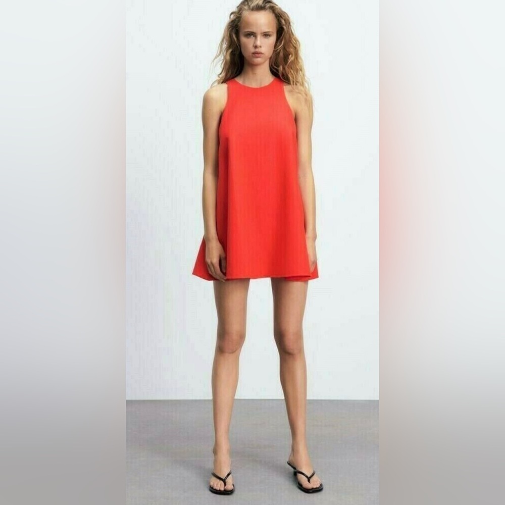ZARA NEW CORAL RED LINEN
BLEND DRESS-XS